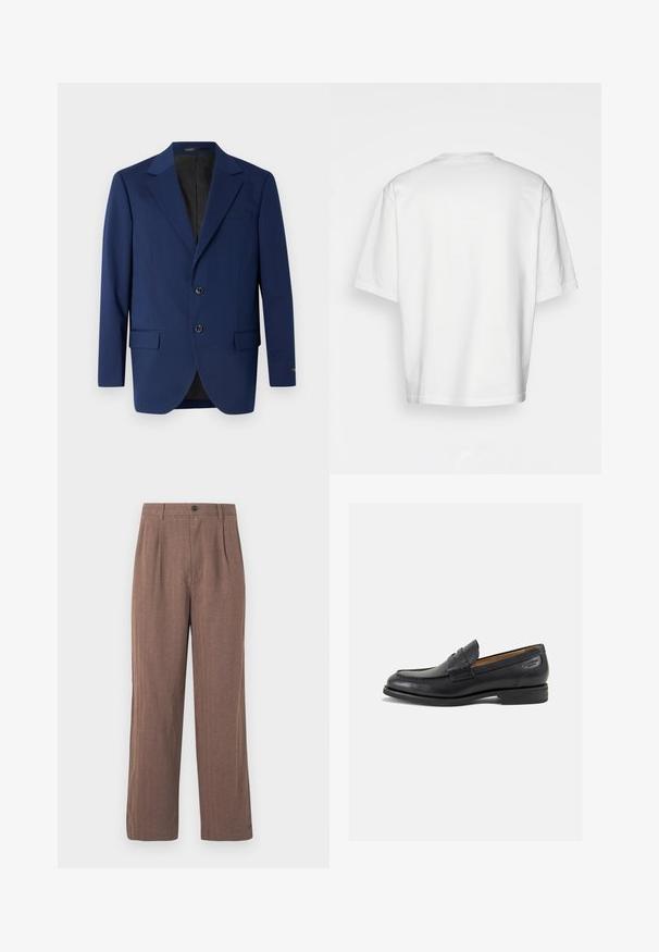 Marineblauer Blazer aus glattem Stoff, mit einem Reverskragen, zwei Knöpfen und zwei frontalen Taschen sowie einer einzelnen Brusttasche.; Weißes T-Shirt mit kurzen Ärmeln und rundem Ausschnitt, aus Baumwolle. Einfaches Design, ohne Muster oder Akzente, Rückansicht.; Braune, weit geschnittene Hosen aus strukturiertem Stoff, mit Falten und einem Knopfverschluss an der Taille. Maßgeschneiderter Schnitt mit klaren Linien.; Schwarze Leder Slipper mit glatter Oberfläche, runder Spitze und dekorativer Naht auf dem Vorderblatt. Niedriger Blockabsatz und leichter Glanz.