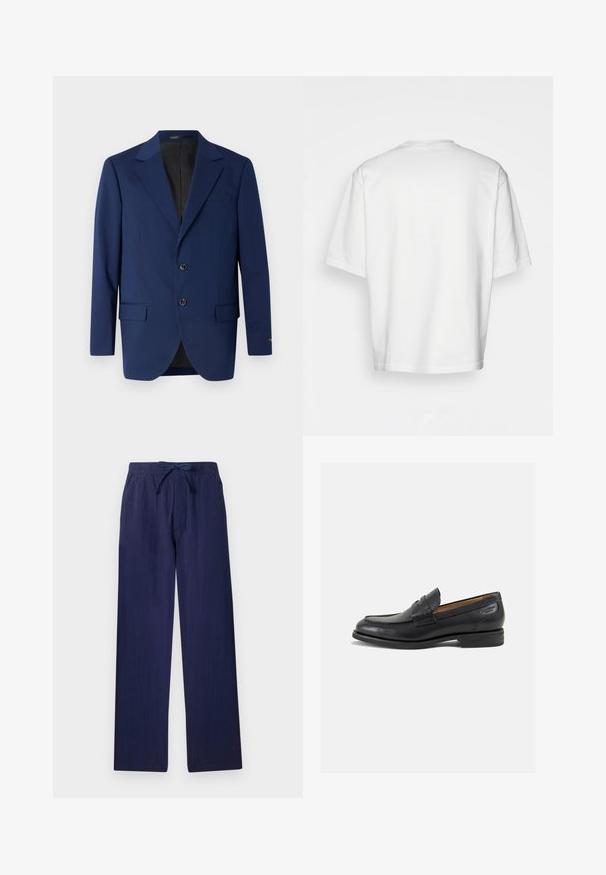 Temno modra suknjiča iz gladkega materiala, z označenim ovratnikom, dvema gumboma in dvema sprednjima žepoma ter enim žepom na prsih.; Bela kratka majica s kratkimi rokavi, ohlapnega kroja, okroglega izreza, gladkega bombažnega materiala, brez okrasitev na hrbtni strani, ravna obroba, brez vzorcev ali naglasov.; Temno modre hlače širokega kroja, izdelane iz lahkotnega materiala. Imajo elastičen pas z vrvico in stranske žepe. Gladka tekstura.; Črne usnjene loafers cipele z gladko površino, zaobljenim nosom in dekorativnim šivom na vampu. Nizek zloženi peti in rahla sijaj.