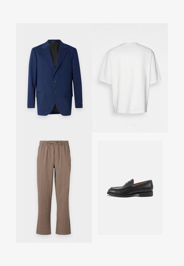 Mornarice plava blejzer izrađena od glatkog materijala, s režnim ovratnikom, dva gumba i dva prednja džepa s jednim džepom na prsima.; Bijela majica kratkih rukava, slobodnog kroja, okruglog izreza, od glatke pamučne tkanine, bez ukrasa na leđima, ravnog donjeg ruba, bez uzoraka ili naglasaka.; Smeđi pamučni hlače s pojasom na vezanje, širokim nogavicama i blago proširenim donjim dijelom; glatka tekstura i bez istaknutih uzoraka.; Crne kožne loferice s glatkom površinom, zaobljenim vrhom i dekorativnim šavom na gornjem dijelu. Nizak potplat s malim potpeticama i blagi sjaj.