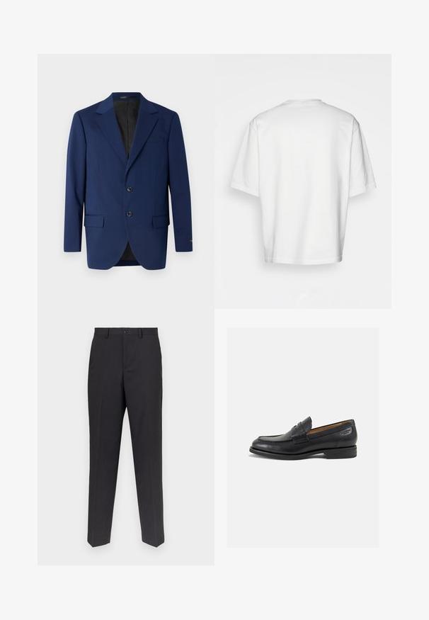 Temno modra suknjiča iz gladkega materiala, z označenim ovratnikom, dvema gumboma in dvema sprednjima žepoma ter enim žepom na prsih.; Bela kratka majica s kratkimi rokavi, ohlapnega kroja, okroglega izreza, gladkega bombažnega materiala, brez okrasitev na hrbtni strani, ravna obroba, brez vzorcev ali naglasov.; Temno sivi hlače, izdelane iz gladkega materiala, s ravnim krojem, sprednjimi žepi in z enim gumbom za zapiranje.; Črne usnjene loafers cipele z gladko površino, zaobljenim nosom in dekorativnim šivom na vampu. Nizek zloženi peti in rahla sijaj.