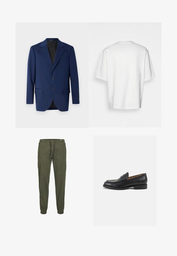 Mornarice plava blejzer izrađena od glatkog materijala, s režnim ovratnikom, dva gumba i dva prednja džepa s jednim džepom na prsima.; Bijela majica kratkih rukava, slobodnog kroja, okruglog izreza, od glatke pamučne tkanine, bez ukrasa na leđima, ravnog donjeg ruba, bez uzoraka ili naglasaka.; Maslinasto zelene donje hlače s elastičnim pojasom, zatvaranjem na vezicu i suženim manžetama. Izrađene od mekog, strukturalnog pamučnog materijala.; Crne kožne loferice s glatkom površinom, zaobljenim vrhom i dekorativnim šavom na gornjem dijelu. Nizak potplat s malim potpeticama i blagi sjaj.