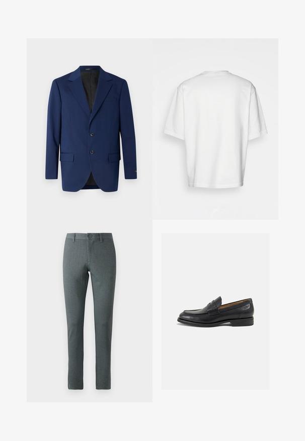 Navy blue blazer made of smooth fabric, featuring a notch lapel, two buttons, and two front pockets with a single chest pocket.; White short-sleeve t-shirt, loose fit, round neckline, smooth cotton fabric, unembellished back, straight hemline, no patterns or accents.; Gray tailored trousers with a textured fabric, straight cut, button closure, belt loops, and a slim fit design.; Black leather loafers with a smooth finish, rounded toe, and decorative stitching on the vamp. Low stacked heel and slight shine.