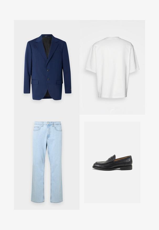 Mornarice plava blejzer izrađena od glatkog materijala, s režnim ovratnikom, dva gumba i dva prednja džepa s jednim džepom na prsima.; Bijela majica kratkih rukava, slobodnog kroja, okruglog izreza, od glatke pamučne tkanine, bez ukrasa na leđima, ravnog donjeg ruba, bez uzoraka ili naglasaka.; Svijetloplave traperice s ravnim krojem, koje imaju prednje džepove, jedan srebrni gumb i detalje šivanja duž šavova.; Crne kožne loferice s glatkom površinom, zaobljenim vrhom i dekorativnim šavom na gornjem dijelu. Nizak potplat s malim potpeticama i blagi sjaj.