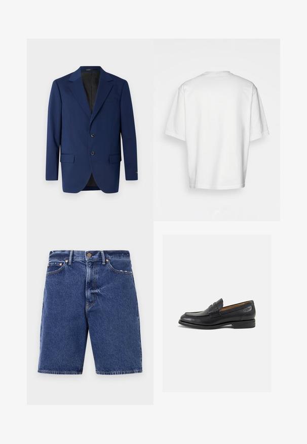 Blazer azul marino de tela suave, con solapa de muesca, dos botones y dos bolsillos delanteros, además de un bolsillo en el pecho.; Camiseta blanca de manga corta, corte holgado, cuello redondo, tela de algodón suave, parte posterior sin adornos, dobladillo recto, sin patrones ni acentos.; Pantalones cortos de mezclilla en azul oscuro con un corte clásico, que presentan un cierre de botón, cinco bolsillos y costuras naranjas contrastantes.; Mocasines de cuero negro con un acabado suave, punta redondeada y costuras decorativas en la parte superior. Tacón bajo apilado y un ligero brillo.