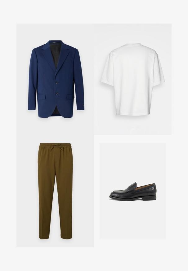 Tamsiai mėlynas bleizeris, pagamintas iš lygaus audinio, su notch tipo apykakle, dviem mygtukais ir dviem priekinėmis kišenėmis bei viena krūtine kišene.; Balta trumpa rankovėmis marškinėliai, laisvas kirpimas, apvalus iškirpimas, lygaus džinsinio audinio, nepuošta nugara, tiesiai kraštu, be raštų ar akcentų.; Alyvuogių žalios spalvos, lengvi kelnes su elastinga juosmens juostele ir reguliuojama raišteliu. Tiesios kojos, be kišenių. Lygus paviršius.; Juodi odiniai loafersai su lygiu paviršiumi, apvaliu pirštu ir dekoratyvine siūlė viršuje. Žemas sustiprintas kulnas ir lengvas blizgesys.