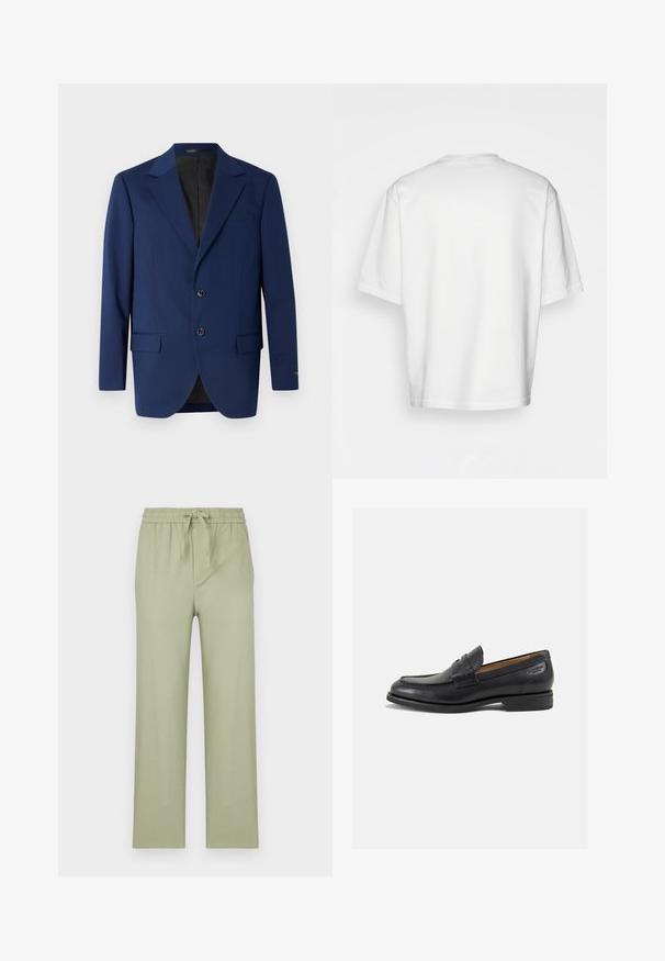 Námorně modrý blejzr z hladké tkaniny, se zářezovým límcem, dvěma knoflíky a dvěma předními kapsami s jednou kapsou na hrudi.; Bílý krátký rukáv tričko, volný střih, kulatý výstřih, hladká bavlněná tkanina, nezdobený zadní díl, rovný lem, žádné vzory ani akcenty.; Kalhoty v světle olivově zelené barvě, vyrobené z měkkého materiálu. Mají elastický pas s tkaničkou a rovné volné nohavice.; Černé kožené mokasíny s hladkým povrchem, zaoblenou špičkou a dekorativním prošíváním na svršku. Nízký podpatka a mírný lesk.