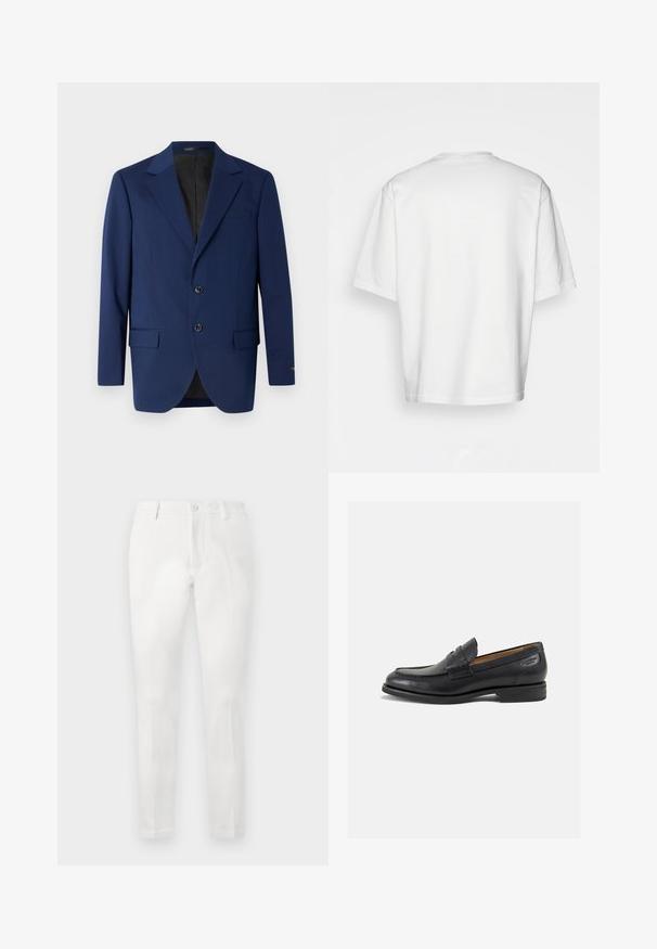 Námornícky modrý blejzer z hladkej tkaniny, s klopovým golierom, dvoma gombíkmi a dvoma prednými vreckami a jedným vreckom na hrudi.; Biela tričko s krátkym rukávom, voľný strih, okrúhly výstrih, hladká bavlnená látka, nezdobená zadná strana, rovný lem, bez vzorov alebo akcentov.; Biele nohavice s dokonale priliehavým strihom, s rovnom prednou časťou, dvomi bočnými vreckami a jedným zadným vreckom. Vyrobené z hladkej látky.; Čierne kožené mokasíny s hladkým povrchom, zaoblenou špičkou a dekoratívnym prešívaním na prednej časti. Nízky kokteilový opätok a jemný lesk.