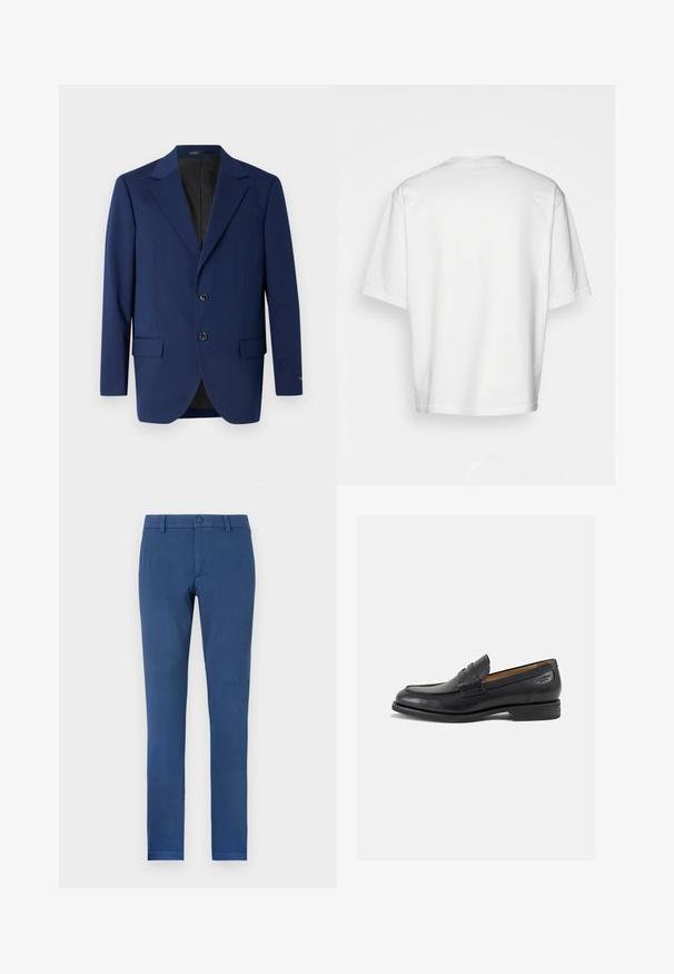 Blazer bleu marine en tissu lisse, avec un revers cranté, deux boutons et deux poches avant ainsi qu'une poche poitrine.; T-shirt blanc à manches courtes, coupe ample, col rond, tissu en coton lisse, dos sans embellissement, ourlet droit, sans motifs ni accents.; Pantalons en coton bleu, coupe slim, avec un devant plat, des passants de ceinture et une fermeture à un bouton à la taille. Design épuré sans motifs visibles.; Mocassins en cuir noir avec une finition lisse, bout rond et coutures décoratives sur la tige. Talon bas empilé et léger brillant.