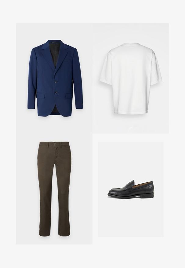 Tumed sinine bleiser, mis on valmistatud siledast kangast. Sellel on klappkaelus, kaks kinnitust ja kaks esist pocketit koos ühe rinnakotiga.; Valge lühikeste varrukatega T-särk, lõdva lõikega, ümar kaelus, sileda puuvillase kangaga, kaunistamata selg, sirge alläär, ilma mustrite või aktsентideta.; Tumed pruunid püksid, mis on valmistatud puuvillasegusest kangast. Omavad nööbiga kinnitust, sirget lõiget ja peent tekstuuri ilma nähtavate mustrite või kaunistusteta.; Mustad mustad nahast loafers, sujuva viimistlusega, ümar sirge ja dekoratiivne tikand peal. Madal ja kergelt kuhjatud konts ning kerge läige.