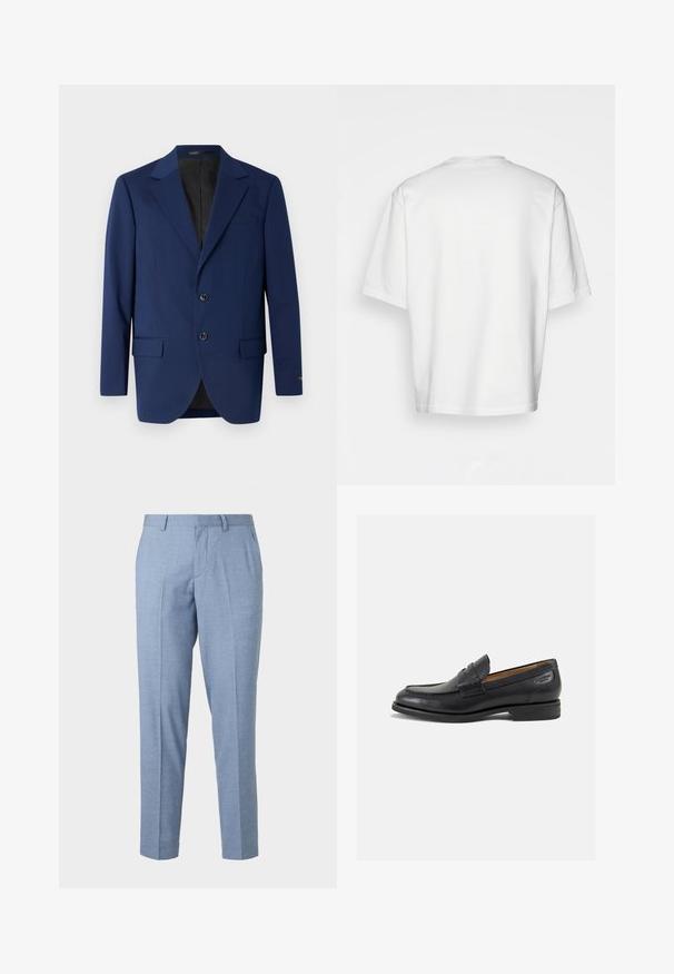 Marineblå blazer lavet af glat stof, med en notch-lapel, to knapper og to forreste lommer samt en enkelt brystlomme.; Hvid t-shirt med korte ærmer og rund halsudskæring, lavet af bomuld. Enkel design uden mønstre eller detaljer, set bagfra.; Lyseblå skræddersyede bukser med en struktureret overflade, skræddersyet design og lige ben. Har forlommer og bæltestropper.; Sorte læder loafers med en glat finish, rund tå og dekorativ syning på vampen. Lav stablet hæl og let glans.