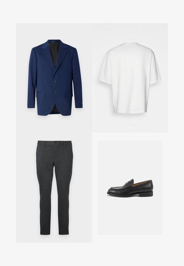 Marineblauer Blazer aus glattem Stoff, mit einem Reverskragen, zwei Knöpfen und zwei frontalen Taschen sowie einer einzelnen Brusttasche.; Weißes T-Shirt mit kurzen Ärmeln, lockere Passform, runder Ausschnitt, glattes Baumwollmaterial, ungeschmückter Rücken, gerader Saum, keine Muster oder Akzente.; Dunkelgraue Hosen mit strukturiertem Muster, Slim Fit, normale Taille mit einem Knopf und geraden Beinen, entworfen für einen modernen Look.; Schwarze Leder Slipper mit glatter Oberfläche, runder Spitze und dekorativer Naht auf dem Vorderblatt. Niedriger Blockabsatz und leichter Glanz.