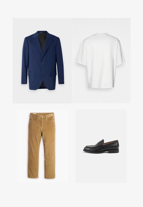 Tamsiai mėlynas bleizeris, pagamintas iš lygaus audinio, su notch tipo apykakle, dviem mygtukais ir dviem priekinėmis kišenėmis bei viena krūtine kišene.; Balta trumpa rankovėmis marškinėliai, laisvas kirpimas, apvalus iškirpimas, lygaus džinsinio audinio, nepuošta nugara, tiesiai kraštu, be raštų ar akcentų.; Levi's® 568® LOOSE STRAIGHT - Laisvi džinsai - ermine; Juodi odiniai loafersai su lygiu paviršiumi, apvaliu pirštu ir dekoratyvine siūlė viršuje. Žemas sustiprintas kulnas ir lengvas blizgesys.