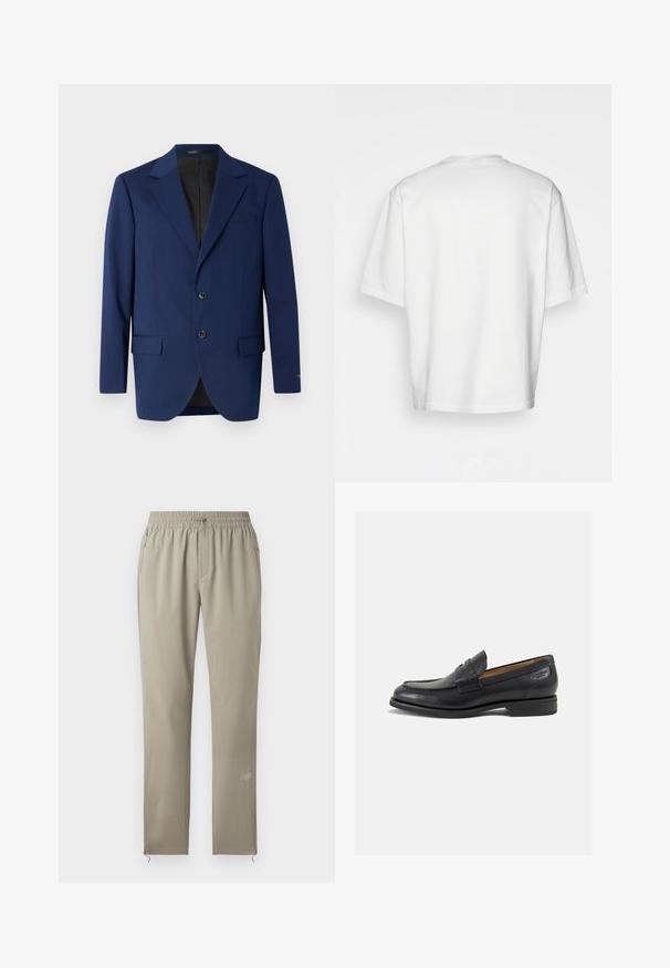 Donkerblauwe blazer van gladde stof, met een notch lapel, twee knopen en twee voorzakken met een enkele borstzak.; Witte t-shirt met korte mouwen, losse fit, ronde halslijn, gladde katoenen stof, ongeversierde achterkant, rechte zoom, geen patronen of accenten.; Beige sportbroek met een elastische tailleband, ritszakken en een tapered leg ontwerp. Beschikt over een subtiele logo op het onderbeen.; Zwarte leren loafers met een gladde afwerking, ronde neus en decoratieve stiksels op de wreef. Lage gestapelde hak en een lichte glans.