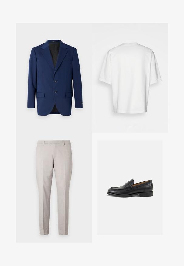 Temno modra suknjiča iz gladkega materiala, z označenim ovratnikom, dvema gumboma in dvema sprednjima žepoma ter enim žepom na prsih.; Bela kratka majica s kratkimi rokavi, ohlapnega kroja, okroglega izreza, gladkega bombažnega materiala, brez okrasitev na hrbtni strani, ravna obroba, brez vzorcev ali naglasov.; Svetlo sivi hlače iz gladkega blaga, z ravnim sprednjim delom, ravnimi nogami in krojenim pasom z zankami za pas.; Črne usnjene loafers cipele z gladko površino, zaobljenim nosom in dekorativnim šivom na vampu. Nizek zloženi peti in rahla sijaj.