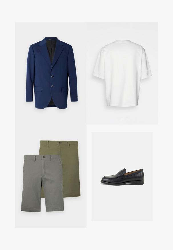 Tamsiai mėlynas bleizeris, pagamintas iš lygaus audinio, su notch tipo apykakle, dviem mygtukais ir dviem priekinėmis kišenėmis bei viena krūtine kišene.; Balta trumpa rankovėmis marškinėliai, laisvas kirpimas, apvalus iškirpimas, lygaus džinsinio audinio, nepuošta nugara, tiesiai kraštu, be raštų ar akcentų.; Du setai šortų žalia ir alyvuogių spalvų. Abu turi lygią tekstūrą, užsegimus su mygtukais ir plokščią priekinę dalį. Nėra matomų raštų.; Juodi odiniai loafersai su lygiu paviršiumi, apvaliu pirštu ir dekoratyvine siūlė viršuje. Žemas sustiprintas kulnas ir lengvas blizgesys.