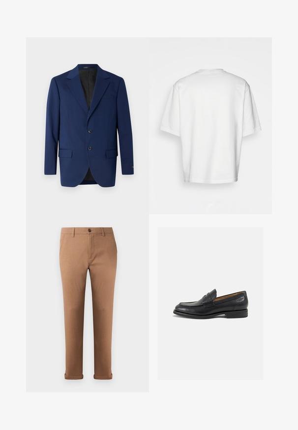 Tummansininen bleiseri, joka on valmistettu sileästä kankaasta ja jossa on sakollinen kaulus, kaksi nappia sekä kaksi etutaskua ja yksi rintatasku.; Valkoinen lyhythihainen t-paita, löysä malli, pyöreä pääntie, sileä puuvillakangas, koristamaton selkä, suora helma, ei kuvioita tai yksityiskohtia.; Ruske bomullne hlače s ravnim krojem, z sprednjim gumbom za zapiranje, zankami za pas in zavihanimi hlačnicami na dnu.; Mustat nahkaloaferit, joissa on sileä pinta, pyöreä varvas ja koristeompeleet varpaansuojassa. Matala pinottu korko ja hieno kiilto.