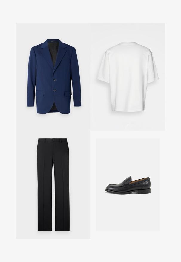 Temno modra suknjiča iz gladkega materiala, z označenim ovratnikom, dvema gumboma in dvema sprednjima žepoma ter enim žepom na prsih.; Bela kratka majica s kratkimi rokavi, ohlapnega kroja, okroglega izreza, gladkega bombažnega materiala, brez okrasitev na hrbtni strani, ravna obroba, brez vzorcev ali naglasov.; Črne, krojene hlače s ravnim krojem, gladka tkanina, sprednje pregibi in en gumb za zapiranje v pasu.; Črne usnjene loafers cipele z gladko površino, zaobljenim nosom in dekorativnim šivom na vampu. Nizek zloženi peti in rahla sijaj.
