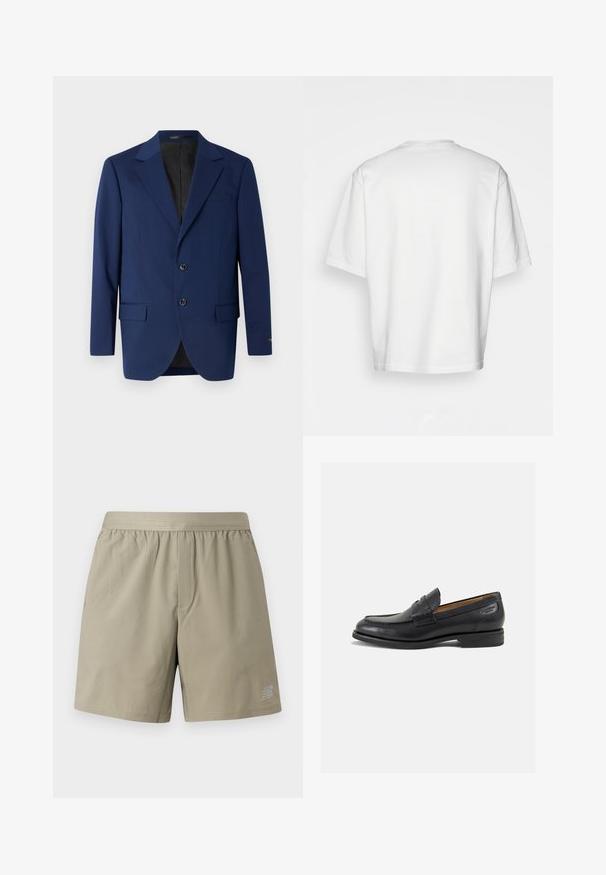 Blazer bleu marine en tissu lisse, avec un revers cranté, deux boutons et deux poches avant ainsi qu'une poche poitrine.; T-shirt blanc à manches courtes, coupe ample, col rond, tissu en coton lisse, dos sans embellissement, ourlet droit, sans motifs ni accents.; Shorts de sport beiges avec une taille élastique, une poche frontale unique et un logo sur le côté inférieur droit. Tissu lisse et léger.; Mocassins en cuir noir avec une finition lisse, bout rond et coutures décoratives sur la tige. Talon bas empilé et léger brillant.