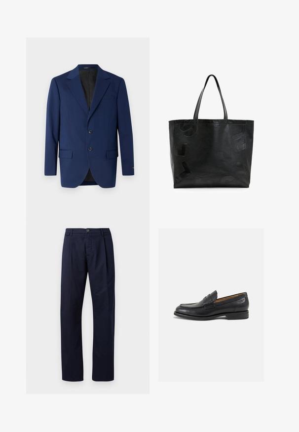 Navy blue blazer made of smooth fabric, featuring a notch lapel, two buttons, and two front pockets with a single chest pocket.; White short-sleeve t-shirt, loose fit, round neckline, smooth cotton fabric, unembellished back, straight hemline, no patterns or accents.; Navy blue trousers made of fabric with a smooth texture, featuring straight legs, a button closure, and a single front pleat.; Black leather loafers with a smooth finish, rounded toe, and decorative stitching on the vamp. Low stacked heel and slight shine.; Black leather tote bag with embossed letters on the surface, featuring two sturdy handles and a spacious, unstructured design.