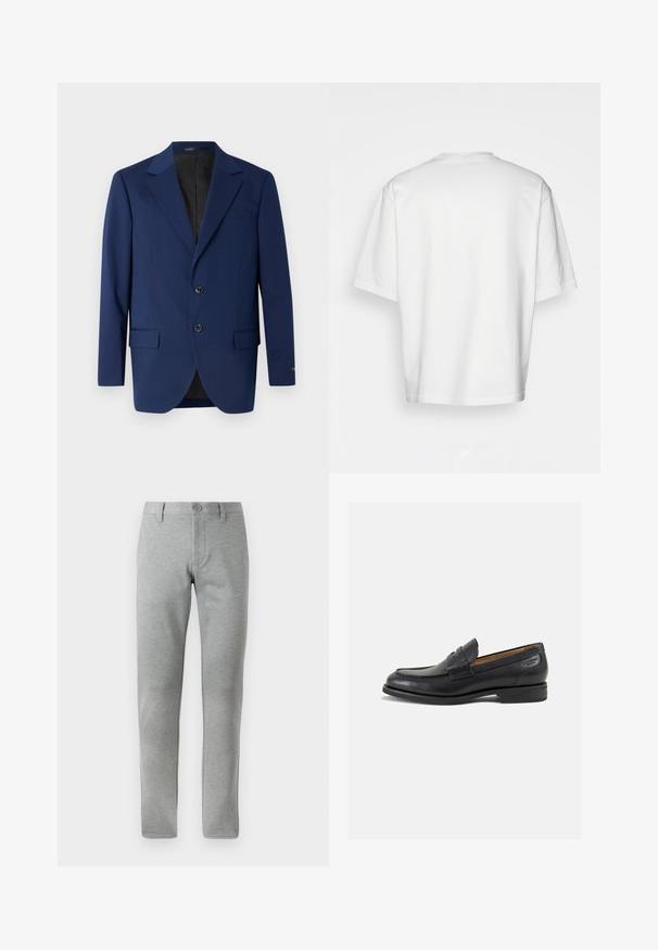 Námorně modrý blejzr z hladké tkaniny, se zářezovým límcem, dvěma knoflíky a dvěma předními kapsami s jednou kapsou na hrudi.; Bílý krátký rukáv tričko, volný střih, kulatý výstřih, hladká bavlněná tkanina, nezdobený zadní díl, rovný lem, žádné vzory ani akcenty.; Šedé, rovné kalhoty vyrobené z texturované látky. Mají zapínání na knoflík, poutka na opasek a boční kapsy pro větší funkčnost.; Černé kožené mokasíny s hladkým povrchem, zaoblenou špičkou a dekorativním prošíváním na svršku. Nízký podpatka a mírný lesk.