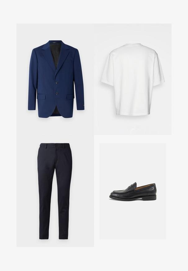 Blazer bleu marin realizat dintr-un material neted, cu rever în formă de colț, două butoane și două buzunare frontale, plus un buzunar pentru piept.; Tricou alb cu mânecă scurtă, croială lejeră, decolteu rotund, material din bumbac neted, spate simplu, margine dreaptă, fără modele sau accente.; Pantaloni navy din material neted, cu croială slim, bucle pentru curea și închidere cu un singur nasture. Picioare drepte cu pliuri subtile.; Mocasini din piele neagră cu o finisare netedă, vârf rotund și cusături decorative pe partea superioară. Toc mic și stivuit, cu o ușoară strălucire.