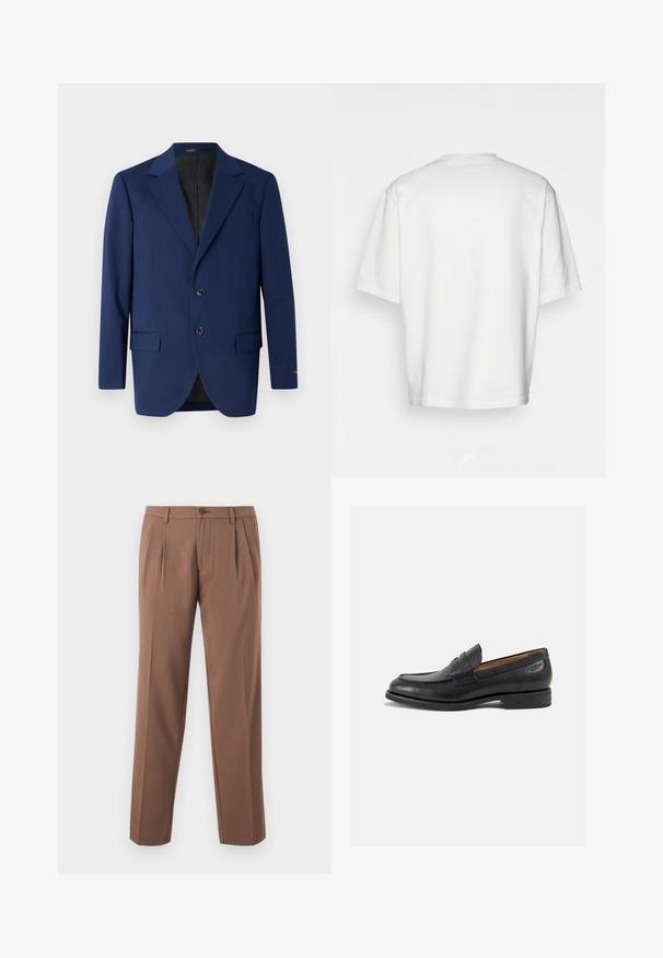 Donkerblauwe blazer van gladde stof, met een notch lapel, twee knopen en twee voorzakken met een enkele borstzak.; Witte t-shirt met korte mouwen, losse fit, ronde halslijn, gladde katoenen stof, ongeversierde achterkant, rechte zoom, geen patronen of accenten.; Bruine geplooide broeks met een rechte pijpdesign, voorzien van een enkele knoopsluiting en een gladde, gestructureerde stof.; Zwarte leren loafers met een gladde afwerking, ronde neus en decoratieve stiksels op de wreef. Lage gestapelde hak en een lichte glans.