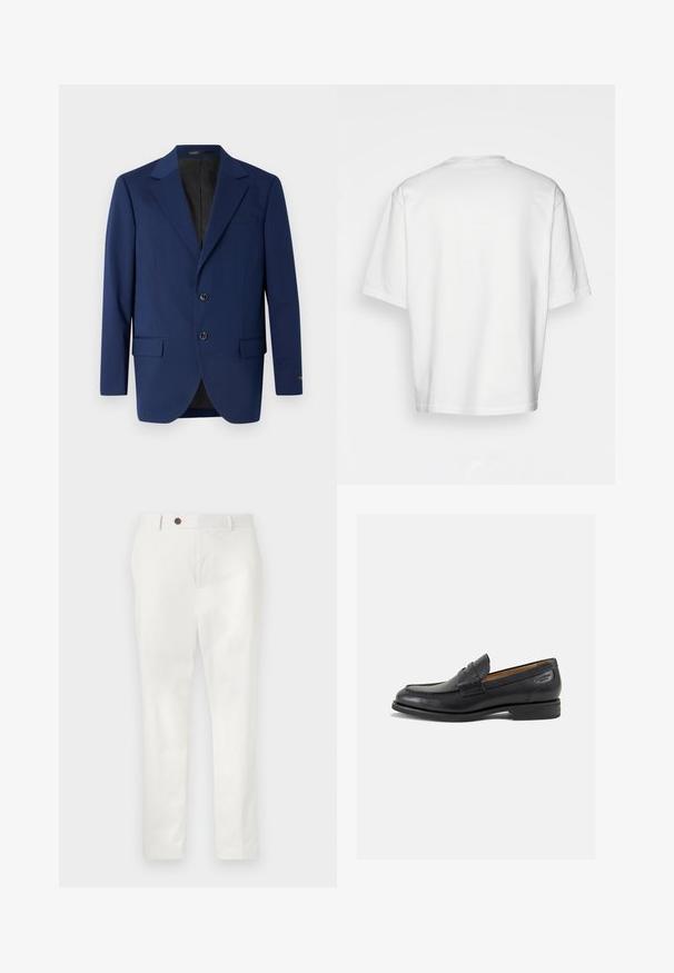 Μπλέιζερ ναυτικού μπλε χρώματος φτιαγμένο από λείο ύφασμα, με πέτο notch, δύο κουμπιά και δύο μπροστινές τσέπες με μια ενιαία τσέπη στο στήθος.; Λευκό κοντομάνικο μπλουζάκι, χαλαρή εφαρμογή, στρογγυλή λαιμόκοψη, απαλό βαμβακερό ύφασμα, χωρίς διακοσμητικά στην πλάτη, ίσια γραμμή στο κάτω μέρος, χωρίς σχέδια ή αξεσουάρ.; Λευκά παντελόνια από ελαφρύ ύφασμα, με ίσια γραμμή, έναν καφέ κουμπί στη μέση και μινιμαλιστικό στυλ.; Μαύρα δερμάτινα loafers με λείο φινίρισμα, στρογγυλή μύτη και διακοσμητική ραφή στη μπροστινή πλευρά. Χαμηλός σωρός και ελαφριά γυαλάδα.