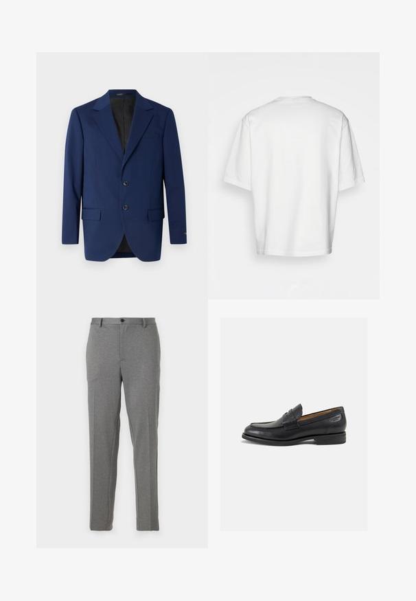 Tengerészkék blézer sima szövetből, kiemelkedő hajtókával, két gombbal és két elülső zsebbe, valamint egy mellzsebbe.; Fehér, rövid ujjú pamut póló kerek nyakkivágással. Egyszerű kialakítás, minta vagy díszítés nélkül, hátulnézetből.; Szürke, megformált nadrág sima textúrával, enyhe mintázattal, cipzáras és gombos záródással, elülső zsebekkel és szűkülő lábakkal.; Fekete bőr loaferek sima felülettel, lekerekített orral és díszítő varrással a lábfejen. Alacsony, réteges sarkú és enyhe fényű.