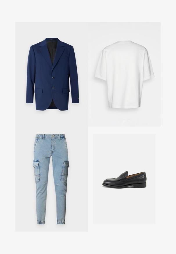 Tengerészkék blézer sima szövetből, kiemelkedő hajtókával, két gombbal és két elülső zsebbe, valamint egy mellzsebbe.; Fehér, rövidujjú póló, laza szabással, kerek dekoltázzsal, sima pamut anyagból, díszítés nélküli hátrésszel, egyenes szegéllyel, minta és kiegészítők nélkül.; Világoskék farmer cargo nadrág, két oldalzsebbel, enyhén tapered lábakkal és rugalmas mandzsettákkal. Finom elhalványulás és varrási részletek jellemzik.; Fekete bőr loaferek sima felülettel, lekerekített orral és díszítő varrással a lábfejen. Alacsony, réteges sarkú és enyhe fényű.