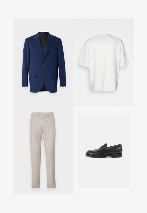 Granatowa marynarka wykonana z gładkiego materiału, z klapami w kształcie notcha, dwoma guzikami oraz dwoma przednimi kieszeniami i jedną kieszonką na piersi.; Biała, krótkiego rękawa koszulka, luźny krój, okrągły dekolt, gładki bawełniany materiał, nieozdobione plecy, prosta linia dołu, bez wzorów ani akcentów.; Beżowe lniane spodnie o prostym kroju, z zapięciem na guzik, kieszeniami z przodu i bez widocznych wzorów czy ozdób.; Czarne skórzane mokasyny o gładkim wykończeniu, zaokrąglonym nosku i dekoracyjnym przeszyciu na cholewce. Niski, warstwowy obcas i delikatny połysk.