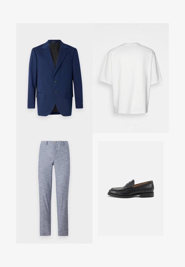 Tamsiai mėlynas bleizeris, pagamintas iš lygaus audinio, su notch tipo apykakle, dviem mygtukais ir dviem priekinėmis kišenėmis bei viena krūtine kišene.; Balta trumpa rankovėmis marškinėliai, laisvas kirpimas, apvalus iškirpimas, lygaus džinsinio audinio, nepuošta nugara, tiesiai kraštu, be raštų ar akcentų.; Šviesiai mėlyni kelnių pagaminti iš tekstūruoto audinio su subtiliu žuvies kaulo raštu. Yra mygtuko uždarymas ir pritaikytas siluetas.; Juodi odiniai loafersai su lygiu paviršiumi, apvaliu pirštu ir dekoratyvine siūlė viršuje. Žemas sustiprintas kulnas ir lengvas blizgesys.