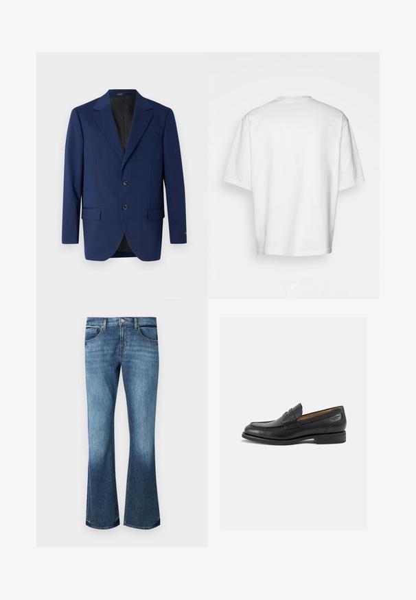 Blazer bleu marine en tissu lisse, avec un revers cranté, deux boutons et deux poches avant ainsi qu'une poche poitrine.; T-shirt blanc à manches courtes, coupe ample, col rond, tissu en coton lisse, dos sans embellissement, ourlet droit, sans motifs ni accents.; Jeans en denim bleu évasés avec un lavage moyen, dotés de cinq poches, d'une fermeture éclair et d'un léger délavage vers l'ourlet.; Mocassins en cuir noir avec une finition lisse, bout rond et coutures décoratives sur la tige. Talon bas empilé et léger brillant.