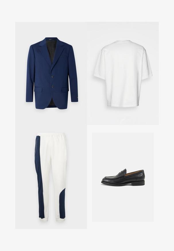 Námornícky modrý blejzer z hladkej tkaniny, s klopovým golierom, dvoma gombíkmi a dvoma prednými vreckami a jedným vreckom na hrudi.; Biela tričko s krátkym rukávom, voľný strih, okrúhly výstrih, hladká bavlnená látka, nezdobená zadná strana, rovný lem, bez vzorov alebo akcentov.; Biele teplákové nohavice so námornícky modrými bočnými panelmi a elastickými manžetami, vyrobené z mäkkého materiálu s hladkou textúrou a sťahovacím pásom.; Čierne kožené mokasíny s hladkým povrchom, zaoblenou špičkou a dekoratívnym prešívaním na prednej časti. Nízky kokteilový opätok a jemný lesk.