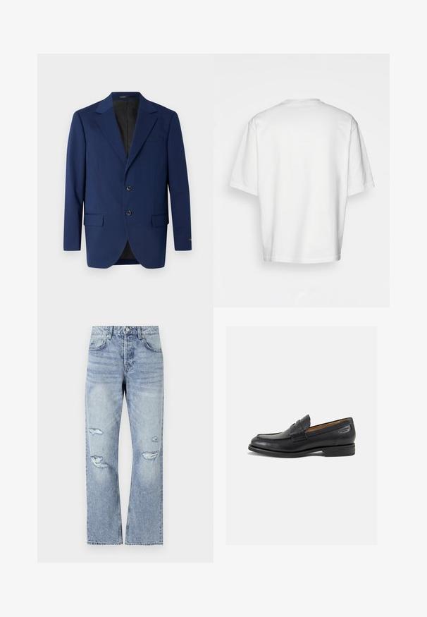 Temno modra suknjiča iz gladkega materiala, z označenim ovratnikom, dvema gumboma in dvema sprednjima žepoma ter enim žepom na prsih.; Bela kratka majica s kratkimi rokavi, ohlapnega kroja, okroglega izreza, gladkega bombažnega materiala, brez okrasitev na hrbtni strani, ravna obroba, brez vzorcev ali naglasov.; Svjetloplave traperice s ravnim nogavicama, s poderanim rupama na koljenima i klasičnim pet džepnim stilom.; Črne usnjene loafers cipele z gladko površino, zaobljenim nosom in dekorativnim šivom na vampu. Nizek zloženi peti in rahla sijaj.