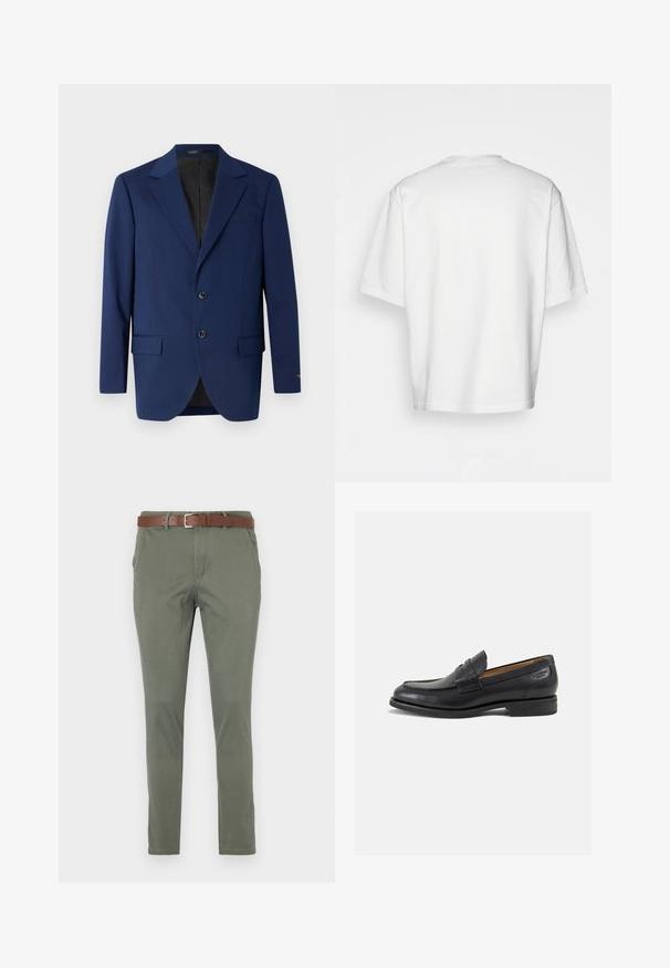 Námornícky modrý blejzer z hladkej tkaniny, s klopovým golierom, dvoma gombíkmi a dvoma prednými vreckami a jedným vreckom na hrudi.; Biela tričko s krátkym rukávom, voľný strih, okrúhly výstrih, hladká bavlnená látka, nezdobená zadná strana, rovný lem, bez vzorov alebo akcentov.; Olivové khaki nohavice s rovný strihom, s hnedým koženým opaskom, bočnými vreckami a jemne textúrovanou tkaninou.; Čierne kožené mokasíny s hladkým povrchom, zaoblenou špičkou a dekoratívnym prešívaním na prednej časti. Nízky kokteilový opätok a jemný lesk.