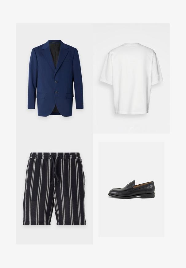 Navy blue blazer made of smooth fabric, featuring a notch lapel, two buttons, and two front pockets with a single chest pocket.; White short-sleeve t-shirt, loose fit, round neckline, smooth cotton fabric, unembellished back, straight hemline, no patterns or accents.; Black and white striped shorts with an elastic waistband, drawstring closure, and a textured fabric. End at mid-thigh length.; Black leather loafers with a smooth finish, rounded toe, and decorative stitching on the vamp. Low stacked heel and slight shine.