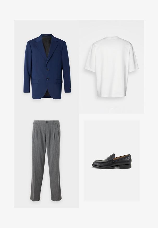 Tengerészkék blézer sima szövetből, kiemelkedő hajtókával, két gombbal és két elülső zsebbe, valamint egy mellzsebbe.; Fehér, rövidujjú póló, laza szabással, kerek dekoltázzsal, sima pamut anyagból, díszítés nélküli hátrésszel, egyenes szegéllyel, minta és kiegészítők nélkül.; Szürke csíkos nadrág, egyenes lábbal, gombos záródással és két elülső redővel, szabott anyagból készült.; Fekete bőr loaferek sima felülettel, lekerekített orral és díszítő varrással a lábfejen. Alacsony, réteges sarkú és enyhe fényű.