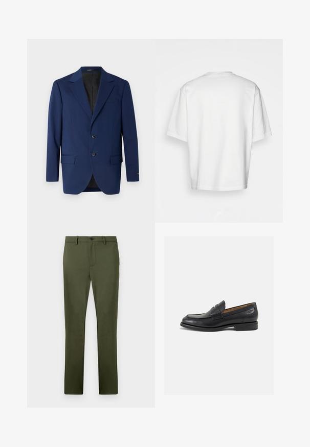 Blazer blu navy realizzato in tessuto liscio, con rever a punta, due bottoni e due tasche frontali accompagnate da una tasca sul petto.; T-shirt bianco a maniche corte, vestibilità ampia, collo rotondo, in morbido cotone, retro senza decorazioni, orlo dritto, senza fantasie o dettagli.; Pantaloni verde oliva realizzati in un tessuto liscio, con una vestibilità dritta, tasche frontali e chiusura con un singolo bottone. Dettagli di design minimalisti.; Mocassini in pelle nera con finitura liscia, punta arrotondata e cuciture decorative sulla tomaia. Tacco basso impilato e leggero lucido.