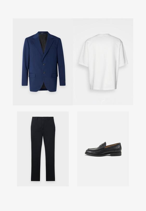 Tums zilas krūšutijas žakete, kas izgatavota no gludas auduma, ar izgriezuma atloku, divām pogām un divām priekšējām kabatām papildus vienai krūšu kabatai.; Balta īsām piedurknēm T-krekls, brīvs piegriezums, apaļš kakla izgriezums, gluda kokvilnas auduma, vienkārša aizmugure, taisna apakšmala, bez rakstiem vai accentiem.; Melnas chinos bikses, kas izgatavotas no kokvilnas auduma, ar taisnām kājām, priekšējo pogu aizdari un divām sānu kabatām. Gluda tekstūra, minimālas detaļas.; Melnas ādas loafers ar gludu apdari, noapaļotu purngalu un dekoratīvām šuvēm uz virsu. Zems, sakrauta papēža un neliels spīdums.