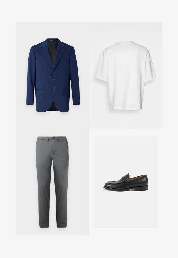 Blazer blu navy realizzato in tessuto liscio, con rever a punta, due bottoni e due tasche frontali accompagnate da una tasca sul petto.; T-shirt bianco a maniche corte, vestibilità ampia, collo rotondo, in morbido cotone, retro senza decorazioni, orlo dritto, senza fantasie o dettagli.; Chino in cotone grigi con vestibilità slim, dotati di chiusura frontale con bottone, due tasche laterali e una trama liscia. Design elegante.; Mocassini in pelle nera con finitura liscia, punta arrotondata e cuciture decorative sulla tomaia. Tacco basso impilato e leggero lucido.