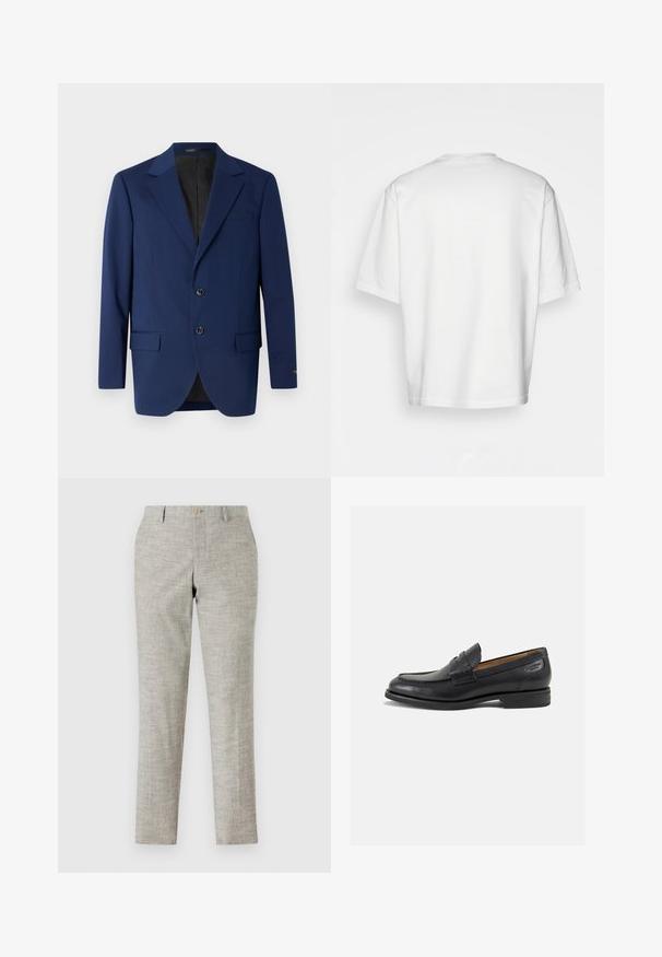 Tummansininen bleiseri, joka on valmistettu sileästä kankaasta ja jossa on sakollinen kaulus, kaksi nappia sekä kaksi etutaskua ja yksi rintatasku.; Valkoinen lyhythihainen t-paita, löysä malli, pyöreä pääntie, sileä puuvillakangas, koristamaton selkä, suora helma, ei kuvioita tai yksityiskohtia.; Harmaat housut, joissa on teksturoitu kangas, litteä etuosa, vetoketjukiinnitys ja yksi nappikiinnitys. Muotoiltu slim fit, suorat lahkeet.; Mustat nahkaloaferit, joissa on sileä pinta, pyöreä varvas ja koristeompeleet varpaansuojassa. Matala pinottu korko ja hieno kiilto.