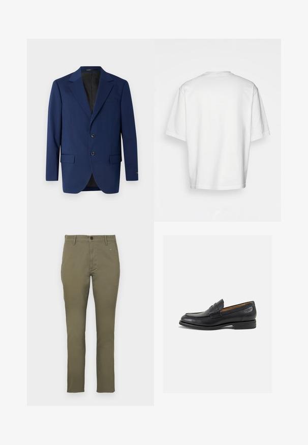 Temno modra suknjiča iz gladkega materiala, z označenim ovratnikom, dvema gumboma in dvema sprednjima žepoma ter enim žepom na prsih.; Bela kratka majica s kratkimi rokavi, ohlapnega kroja, okroglega izreza, gladkega bombažnega materiala, brez okrasitev na hrbtni strani, ravna obroba, brez vzorcev ali naglasov.; Olivno zeleni chinos hlače slim fit, izdelane iz bombaža z gladko teksturo. Imajo gumb za zapiranje in štiri žepke. Preprost, minimalističen dizajn.; Črne usnjene loafers cipele z gladko površino, zaobljenim nosom in dekorativnim šivom na vampu. Nizek zloženi peti in rahla sijaj.