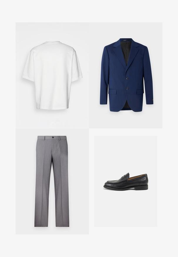 Marineblauer Blazer aus glattem Stoff, mit einem Reverskragen, zwei Knöpfen und zwei frontalen Taschen sowie einer einzelnen Brusttasche.; Weißes T-Shirt mit kurzen Ärmeln, lockere Passform, runder Ausschnitt, glattes Baumwollmaterial, ungeschmückter Rücken, gerader Saum, keine Muster oder Akzente.; Graue maßgeschneiderte Hose mit flachem Vorderteil, zwei Seitentaschen und einem einzigen Knopfverschluss. Glatte Textur mit dezentem Nadelstreifenmuster.; Schwarze Leder Slipper mit glatter Oberfläche, runder Spitze und dekorativer Naht auf dem Vorderblatt. Niedriger Blockabsatz und leichter Glanz.