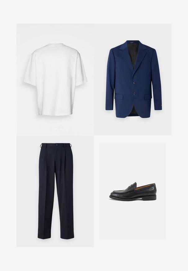 Mornarice plava blejzer izrađena od glatkog materijala, s režnim ovratnikom, dva gumba i dva prednja džepa s jednim džepom na prsima.; Bijela majica kratkih rukava, slobodnog kroja, okruglog izreza, od glatke pamučne tkanine, bez ukrasa na leđima, ravnog donjeg ruba, bez uzoraka ili naglasaka.; Mornarice plave hlače od glatkog materijala, s ravnim krojem, nabranim prednjim dijelom i kopčanjem na dugme u struku.; Crne kožne loferice s glatkom površinom, zaobljenim vrhom i dekorativnim šavom na gornjem dijelu. Nizak potplat s malim potpeticama i blagi sjaj.