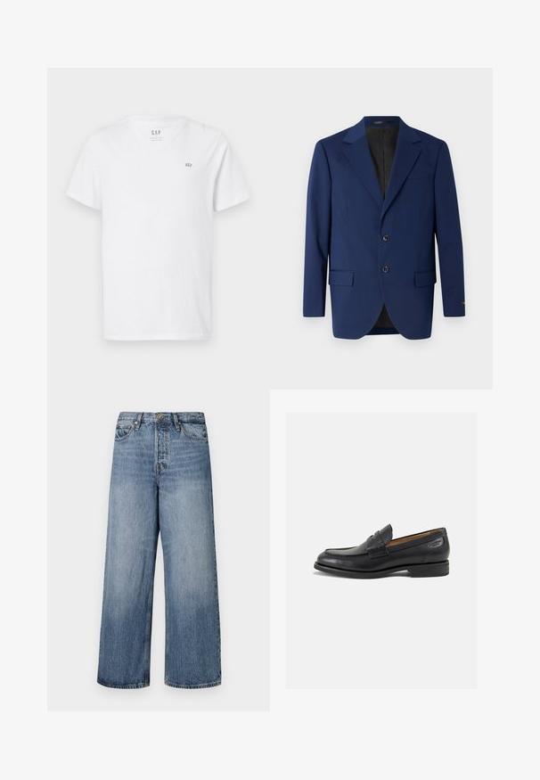 Navy blue blazer made of smooth fabric, featuring a notch lapel, two buttons, and two front pockets with a single chest pocket.; White cotton t-shirt featuring a V-neck, short sleeves, and a small embroidered logo on the upper left chest. Smooth texture.; Wide-leg blue denim jeans with a faded wash, five-pocket design, and a button closure. Equipped with belt loops and stitched detailing.; Black leather loafers with a smooth finish, rounded toe, and decorative stitching on the vamp. Low stacked heel and slight shine.