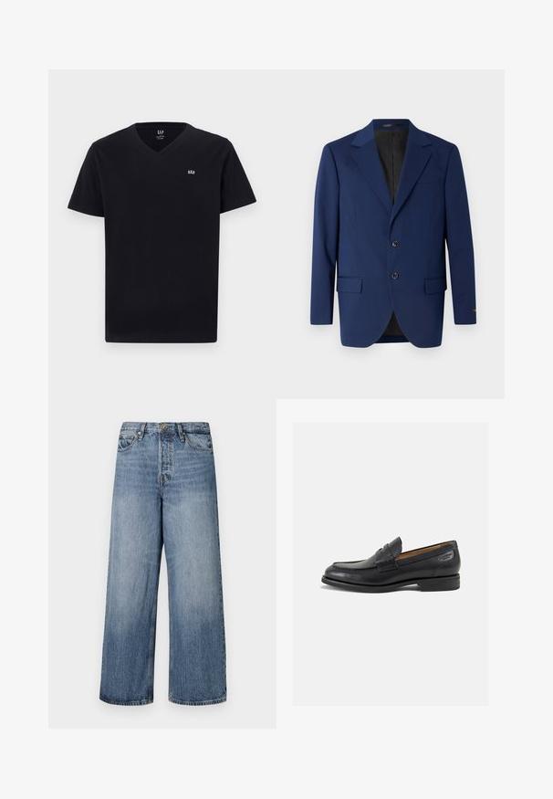 Tums zilas krūšutijas žakete, kas izgatavota no gludas auduma, ar izgriezuma atloku, divām pogām un divām priekšējām kabatām papildus vienai krūšu kabatai.; Melns kokvilnas T-krekls ar V-veida kakla izgriezumu, īsām piedurknēm un mazu baltu izšūtu logo uz kreisā krūts. Gluda tekstūra, klasiskā piegriezuma.; Platas kājas zils džinsu bikses ar izbalējušu apdari, piecu kabatu dizains un pogu aizdare. Aprīkotas ar jostām un piešūtu detaļu.; Melnas ādas loafers ar gludu apdari, noapaļotu purngalu un dekoratīvām šuvēm uz virsu. Zems, sakrauta papēža un neliels spīdums.