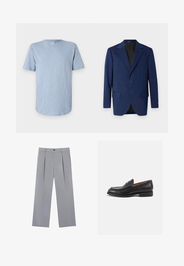 Marinblå blazer i slät tyg med notched lapel, två knappar och två framfickor samt en bröstficka.; Ljusblå kortärmad T-shirt gjord av mjukt material, med rundad halsringning och rak nederkant med en subtil textur.; Grå veckade byxor med en avslappnad passform, tillverkade av ett lätt material. Har framfickor och ett knäppningshål i midjan.; Svarta läder loafers med en slät ytfinish, rund tå och dekorativ sömnad på vampen. Låg staplad klack och lätt glans.