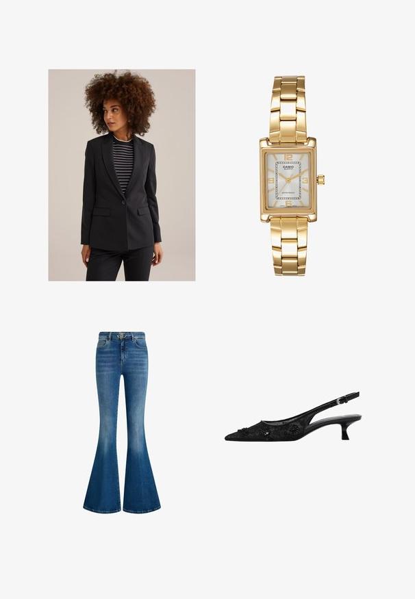 Žena s kudrnatými vlasy, oblečená v černém přizpůsobeném saku přes černobílý pruhovaný top, dívající se do strany na jednobarevném pozadí.; Černá dlouhá halenka s širokým výstřihem, vyrobená z měkké látky, s těsným střihem a minimálními švy.; Modré denimové zvonové džíny s vysokým pasem, zlatými doplňky na pasu a zesvětleným umytím pro jedinečný texturovaný vzhled.; Černé lodičky na jehlovém podpatku s špičatou špičkou, vrškem z krajkové síťoviny, ozdobami z květinových korálků a úzkým, šikmým podpatkem.; Zlatý obdélníkový náramkový hodin s bílým ciferníkem, stříbrnými indexy a odolným kovovým náramkem. Obsahuje voděodolnou funkci.