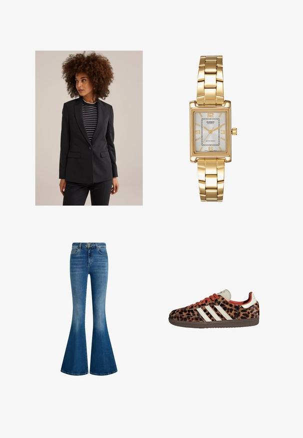 Frau mit lockigem Haar, die ein schwarzes, maßgeschneidertes Blazer über einem schwarz-weißen gestreiften Oberteil trägt und zur Seite blickt, vor einem schlichten Hintergrund.; Schwarz langärmliges Shirt mit weitem Ausschnitt, aus weichem Stoff gefertigt, mit einer taillierten Passform und minimalen Nähten.; Blaue, ausgestellte Jeans aus Denim mit hoher Taille, goldenen Beschlägen am Bund und einem gealterten Waschung für ein markantes, strukturiertes Erscheinungsbild.; Sneaker im Leopardenmuster aus Wildleder mit roten Schnürsenkeln und drei weißen Streifen an der Seite. Sie haben eine cremefarbene Zunge und eine braune Sohle.; Goldfarbene rechteckige Armbanduhr mit Zifferblatt in Weiß, silbernen Stundenmarkierungen und einem strapazierfähigen Metallarmband. Wasserfest.