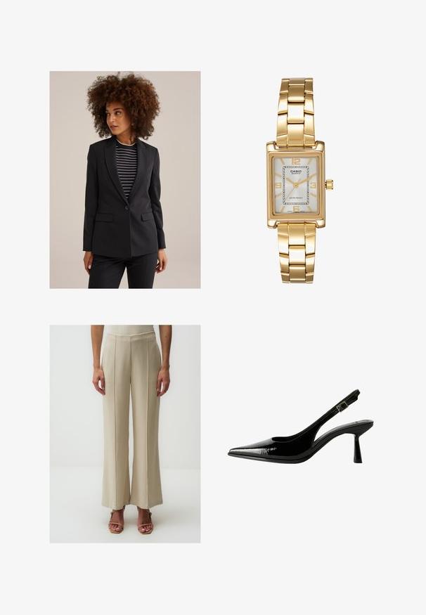 Frau mit lockigem Haar, die ein schwarzes, maßgeschneidertes Blazer über einem schwarz-weißen gestreiften Oberteil trägt und zur Seite blickt, vor einem schlichten Hintergrund.; Schwarz langärmliges Shirt mit weitem Ausschnitt, aus weichem Stoff gefertigt, mit einer taillierten Passform und minimalen Nähten.; Beige weit geschnittene Hosen aus strukturiertem Stoff, mit vorderen Falten und hoher Taille, kombiniert mit braunen Riemchensandalen.; Schwarze Lackleder Slingback-Pumps mit spitzem Zeh, ausgeschnittenen Seiten, verstellbarem Knöchelriemen und einem dünnen, eleganten Absatz.; Goldfarbene rechteckige Armbanduhr mit Zifferblatt in Weiß, silbernen Stundenmarkierungen und einem strapazierfähigen Metallarmband. Wasserfest.